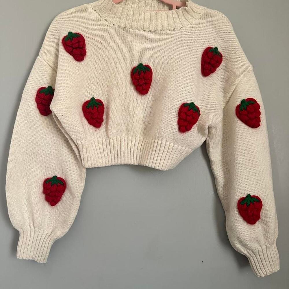 Strawberry Applique Cropped Sweater Cream Red 3D Fruit Cottagecore Coquette